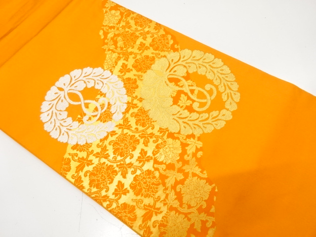 川島織物製　家紋に唐花模様織り出し　名古屋帯